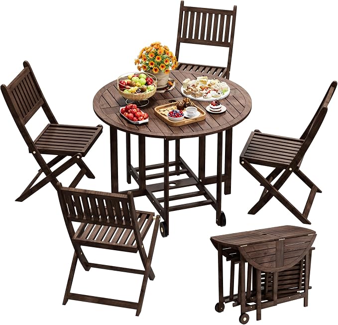 Greesum 5-Piece Outdoor Patio Dining Set, Acacia Wood Folding Bistro Set, All-Weather Furniture with Round Table & Chairs for Garden, Deck, Balcony, Pool, Dark Brown