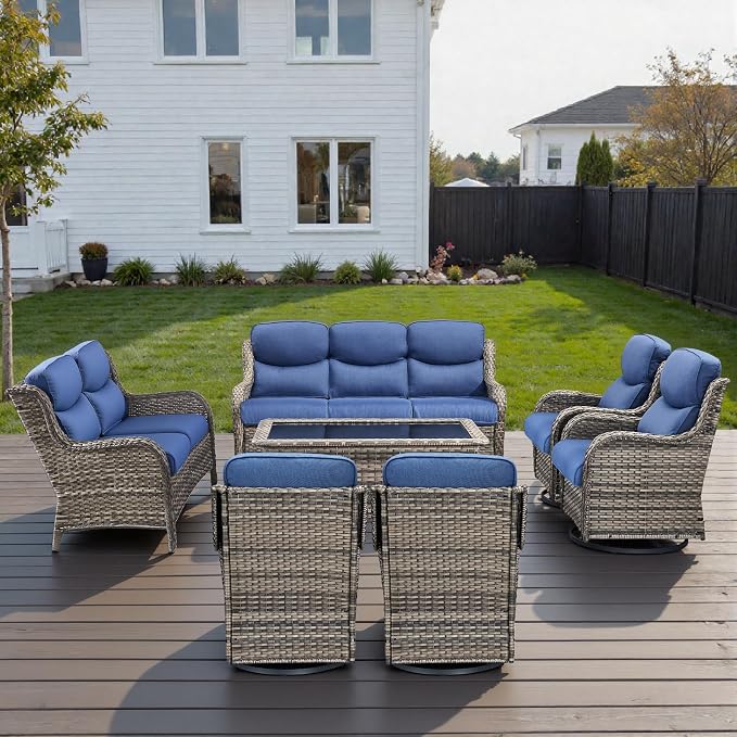 Outdoor Swivel Rocker Patio Chairs Set of 7 with 5" Thick Cushions ,7 Piece Furniture Set with Fire Pit Table All Weather Wicker Conversation Set for Porch Deck - Brown Wicker | Blue Cushions