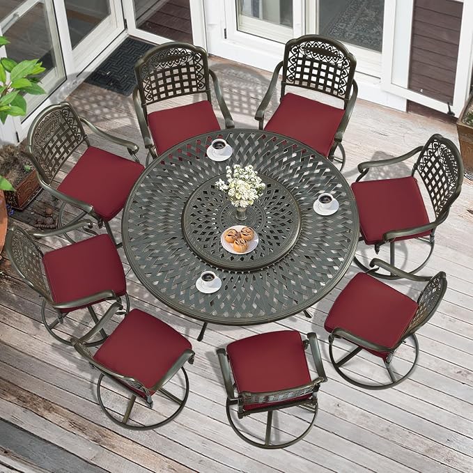 MEETWARM Outdoor 9-Piece Patio Dining Set, All-Weather Cast Aluminum Patio Conversation Set- 8 Cushioned Swivel Rocker, 61" Round Patio Dining Table w/Detachable Lazy Susan/Umbrella Hole, Chili Red