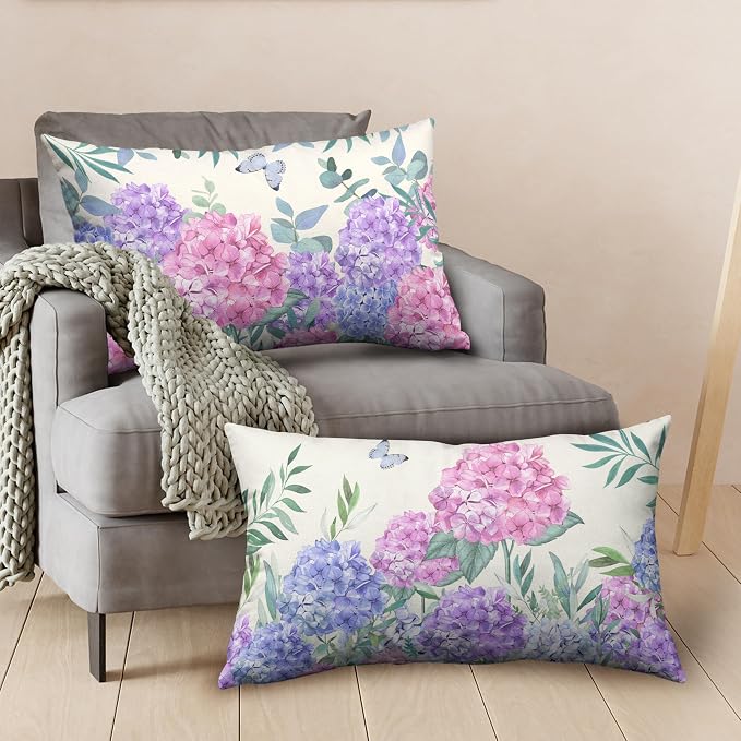 Pink Hydrangea Lumbar Pillow Covers Spring Flowers Outdoor Pillow Covers 12x20 Set of 2 Purple Pink Hydrangea Eucalyptus Pillow Case Cotton Linen Cushion Case for Sofa Garden Patio