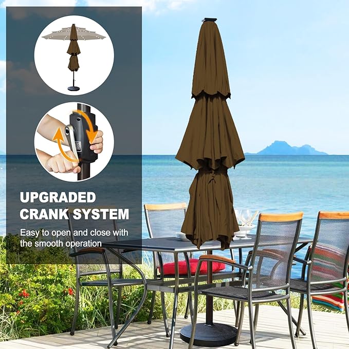 Eurmax USA 10-Year-Non-Fading 10FT 3-Tier Outdoor Patio Market Umbrella with LED Lights,UPF50+ UV Resistant,Commercial Grade,Crank Lift Design,Windproof Vented Top for Garden,Pool,Deck,Chestnut