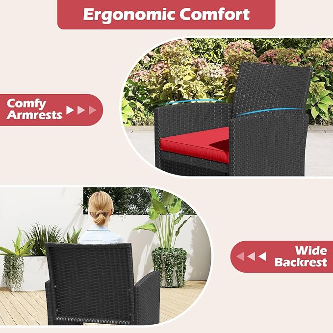 RELAX4LIFE 8-Piece Patio Furniture Set - Wicker Rattan Outdoor Sectional Sofa Set w/Glass Coffee Table, Loveseat, Chairs & Soft Cushions, Bistro Conversation for Garden Porch (2, Black-Red)