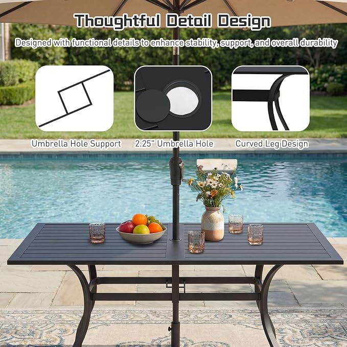 7 Piece Outdoor Patio Dining Set, 62’’ Rectangular Metal Dining Table with Umbrella Hole & 6pcs Outdoor Metal Dining Chairs, Outdoor Furniture Dining Set for Patio, Balcony, Lawn, Garden, Backyard