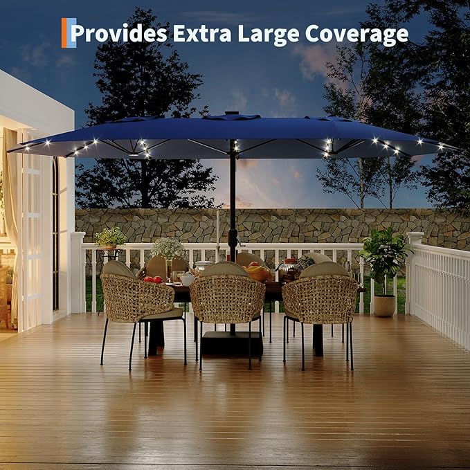 KYBOLT 15 Ft Large Patio Umbrella with Solar Lights, Outdoor Double-Sided Rectangle Umbrella with Base, Outdoor Umbrella for Backyard, Pool, Patio, Navy Blue