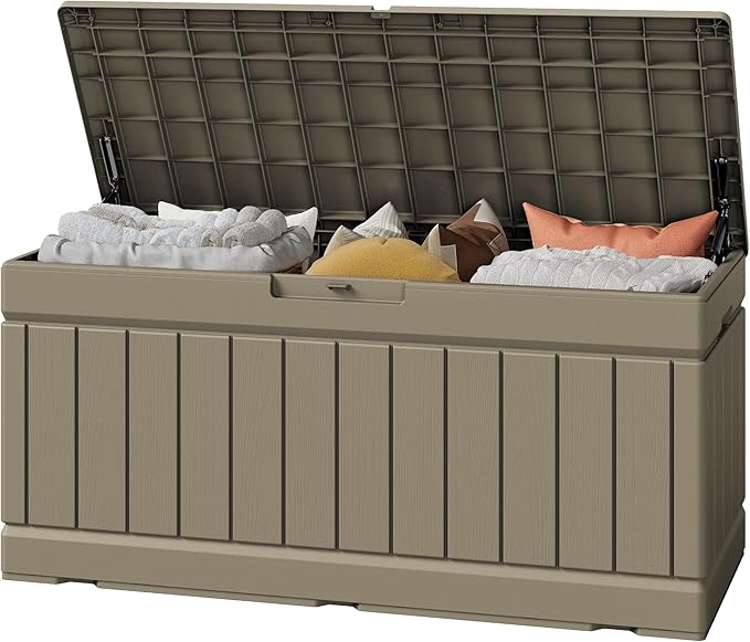 Greesum Outdoor Storage Box 82 Gallon Storage Bin with Lid for Patio Furniture, Garden Tools, Pool Supplies, Waterproof and UV Resistant, Lockable, Coffee