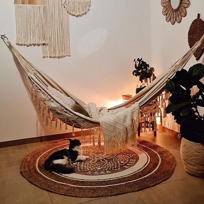 Bellzacasa Double Hammock, Heavy Duty 500 lb Load Capacity Tassels and Fishtail Knitting Portable Camping Hammocks with Mounting Straps for Outdoor Camping Patio Balcony Beige