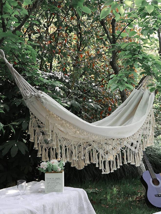 Handmade Boho Large Brazilian Macrame Fringe 2 Person Double Deluxe Hammock Swing Net Chair for Beach, Yard, Bedroom, Patio, Porch, Indoor, Outdoor, Wedding Decor 79" Lx 59" W