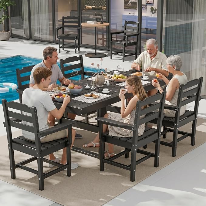 10 Piece Outdoor Dining Set All Weather HDPE Patio Table and Chairs Set for 8 with Umbrella Hole Outdoor Furniture for Deck, Backyard, Garden (Black)