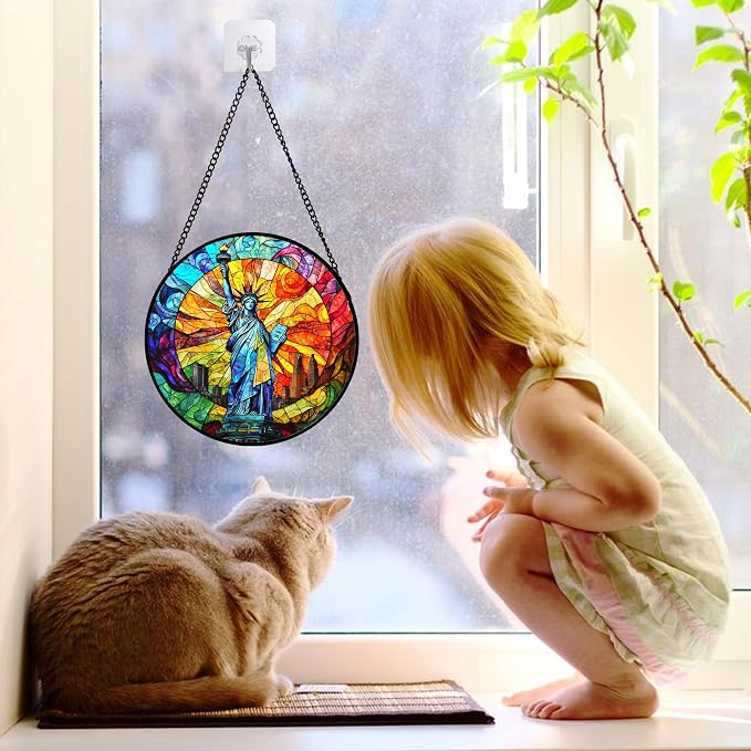 DASTOLL Stained Glass Window Hanging, Statue of Liberty Sun Catchers Diamond Glass Panel Hangings Suncatcher Decor for Birthday for Women, Men, Wife, Aunt, and Mom 15x15 in
