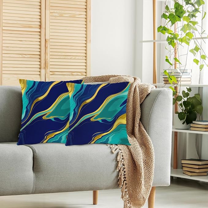 Swono Home Decorative Throw Pillow Covers Marble Pattern, Abstract Swirl Marble Stone Set of 2 Pillow Case Cushion Cover for Sofa Couch Bed Farmhouse Pillows Covers Decor 18x18 Inch, Blue Gold