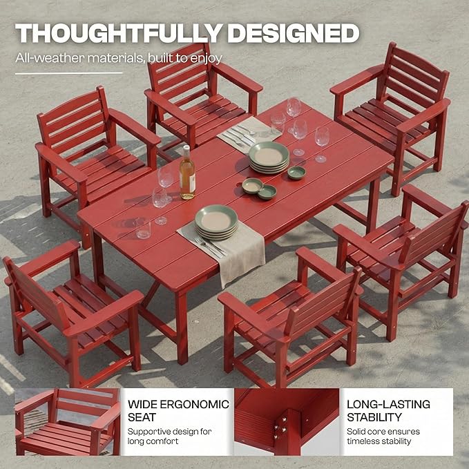 Outdoor HDPE Dining Set 7 Pieces, Patio Table with Umbrella Hole and 6 Chairs, All Weather Patio Furniture for Lawn, Garden, Backyard, Deck, Poolside, Outdoor Dining Table and Chairs, Red