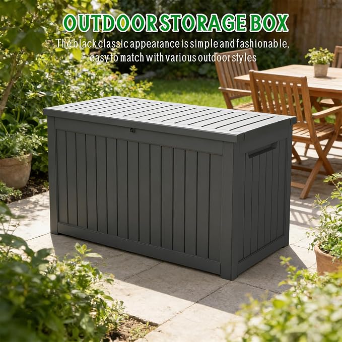 FEFLO 230 Gallon Resin Desk Boxes, Lockable Outdoor Storage Box | for Furniture, Toy, Shoe, Garden & Patio Tools Storage, IP54 Weatherproof Package Delivery Boxes for Outside - Black