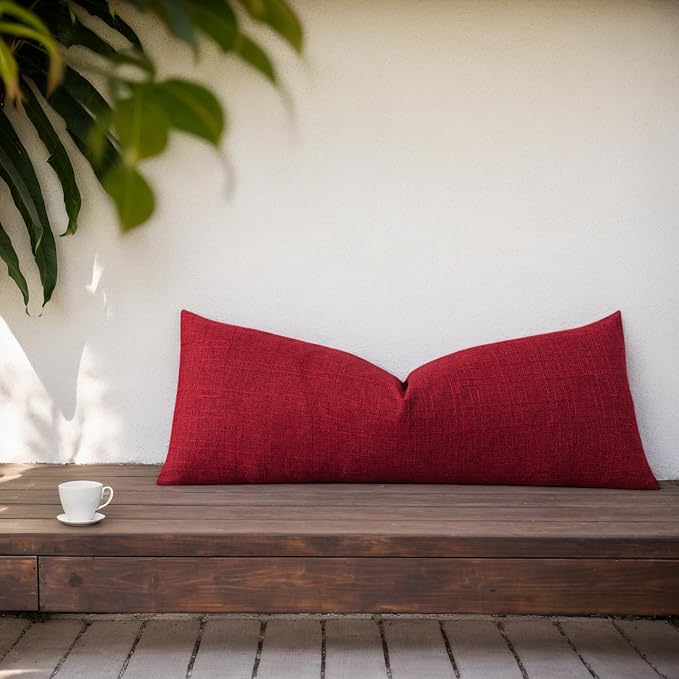 Kevin Textile Outdoor Waterproof 14”x36” Lumbar Pillow Cover 1 Pack, Red | Water Resistant, Soft Faux Linen-cotton Yarn-dyed Woven Texture Throw Pillow Covers for Tent Patio Garden Couch Sofa