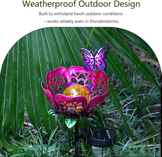 Solar Lights Outdoor Garden Decor, Metal Tulip & Butterfly Decoration Solar Lawn Lamp for Courtyard, Metal Flowers Outdoor Waterproof for Landscape Patio Yard Decor (Purple)