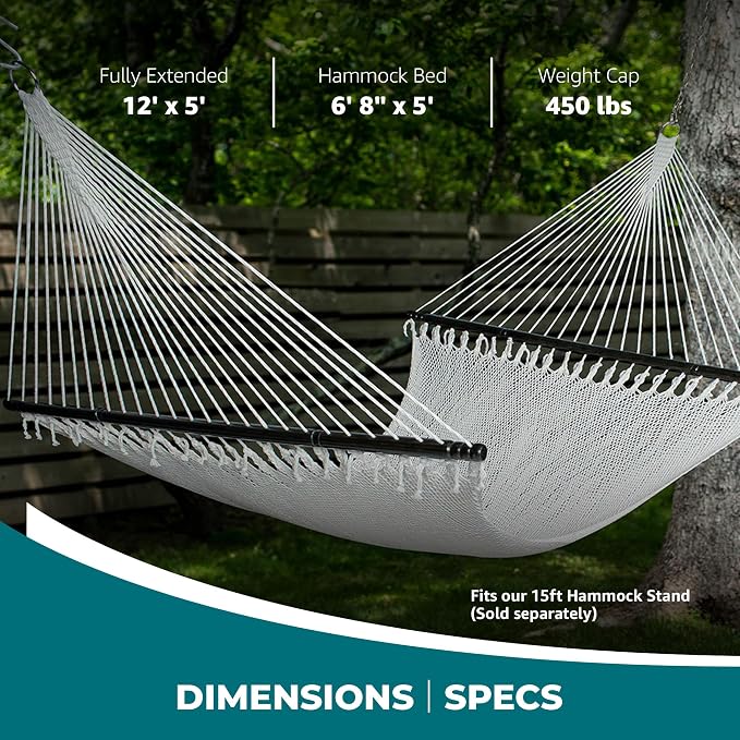 Bliss Hammocks BH-415 2-Person Weekender 12’ Long Deluxe Rope Hammock, 4 mm Thick Handwoven Polyester Rope, Patio Yard Poolside Outdoor Hammock, 55-Inch Spreader Bar Supports up to 450 lbs, Natural