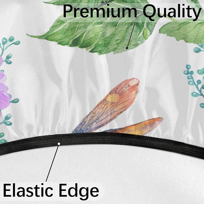 Fitted Round Tablecloth with Umbrella Hole and Zipper Flowers Hydrangeas Outdoor Elastic Table Cloth 45"-56" Oil-Proof Waterproof Dragonflies Patio Table Cover for Picnic Party