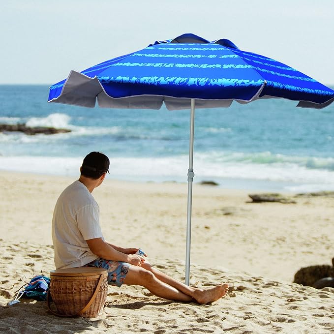 AMMSUN Beach Umbrellas for Sand Heavy Duty Wind Portable, 6.5 ft Beach Umbrella with Sand Anchor & UV Protection, Carry Bag for Outdoor Patio Garden Outdoor, Blue