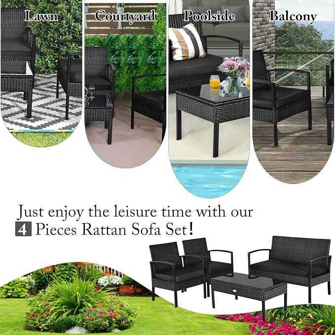 HAPPYGRILL 8-Piece Patio Conversation Set Outdoor Rattan Wicker Sofa & Coffee Table Furniture Set for Patio Garden Poolside