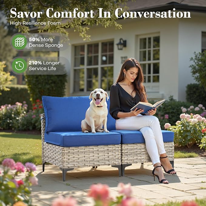 7 Piece Outdoor Patio Furniture with Glowing Coffee Table, Rattan Wicker Conversation Set with Sofa, Sectional Single Chairs for Outside Porch Balcony Backyard Pool,Blue