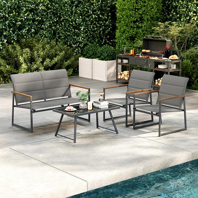 HAPPYGRILL 4-Piece Patio Furniture Set, Modern Sectional Sofa Set w/Fabric Seats, Wood-Plastic Armrests, Tempered Glass Coffee Table, Outdoor Conversation Set for Backyard Balcony Garden Porch (1)
