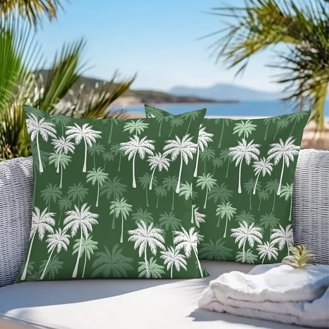Throw Pillow Covers 16x16 Inch Set of 2, Tropical Palm Tree Waterproof Outdoor Pillow Covers, Green White Plants Coastal Leaf Beach Decorative Cushion Pillowcases for Couch, Sofa, Bed, Garden, Patio
