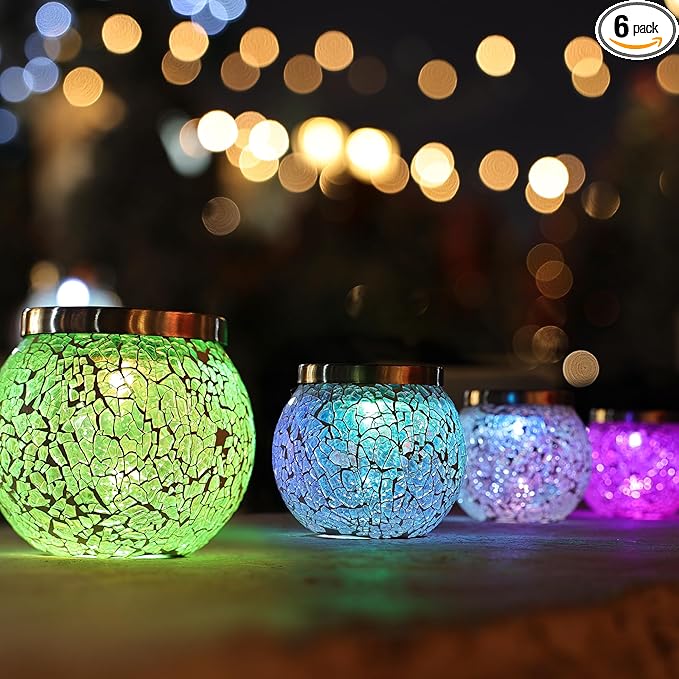 Cooo 6 Pack Gift for him her Heavy Solar Mosaic Crackle Glass Lights with Dual Solar Panels, Color-Changing RGB Lantern, Exclusive Dazzling Glass, Waterproof Outdoor Table Lamps Garden Lamp