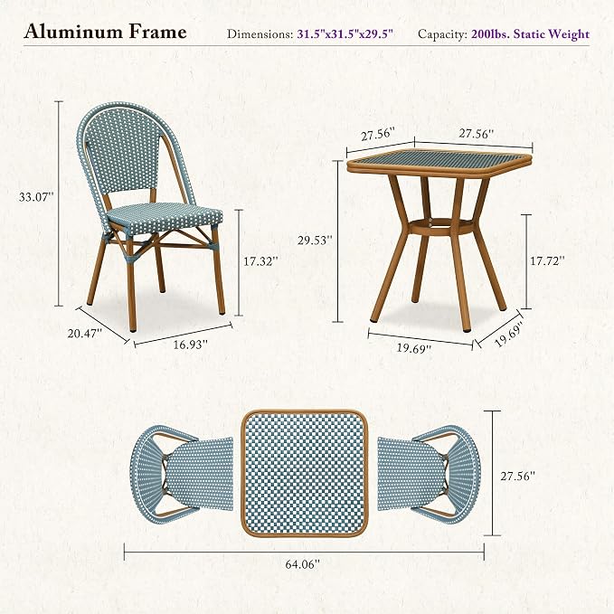PURPLE LEAF 3-Piece French Bistro Dining Set Square Outdoor Patio Table and 2 Armless Chairs Tempered Glass Top PE Rattan Bamboo Print Finish Aluminum Frame Light Blue