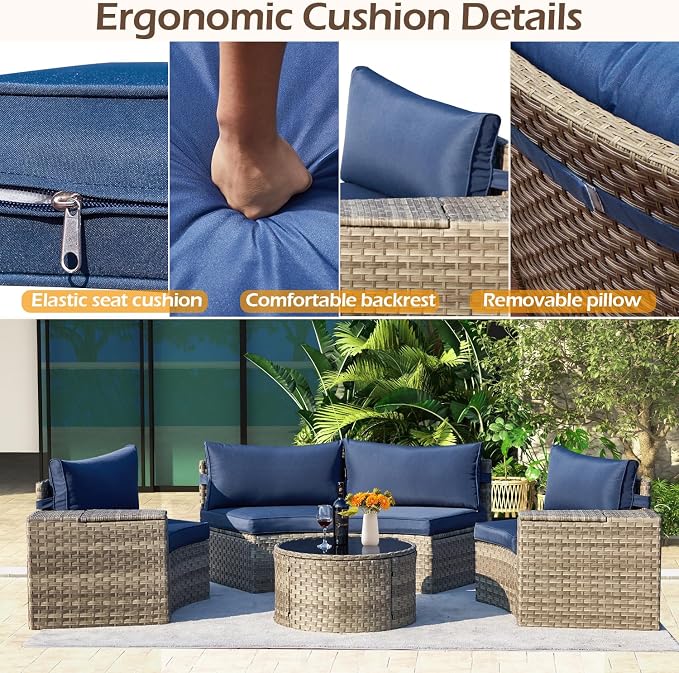 ECOTOUGE 8-Piece Half-Moon Curved Patio Furniture Set with Fire Pit Table, Wicker Rattan Sectional Sofa with Thick Cushions, Outdoor Conversation Set for Backyard Garden No Tank Cover(Blue, Grey)