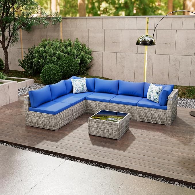 Tradare 7 Piece Patio Furniture Set, Outdoor Wicker Patio Sofa Set, PE Rattan Sectional Couch with Glass Table and Blue Cushions, All-Weather 7 Piece Outdoor Patio Furniture Sets, Grey