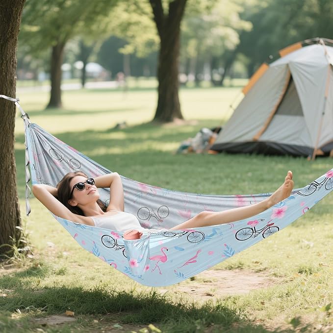 Camping Hammock Outdoor Hammocks for Outside Flamingo Bike Beach Trees Portable Lightweight with Pockets Tree Straps Indoor