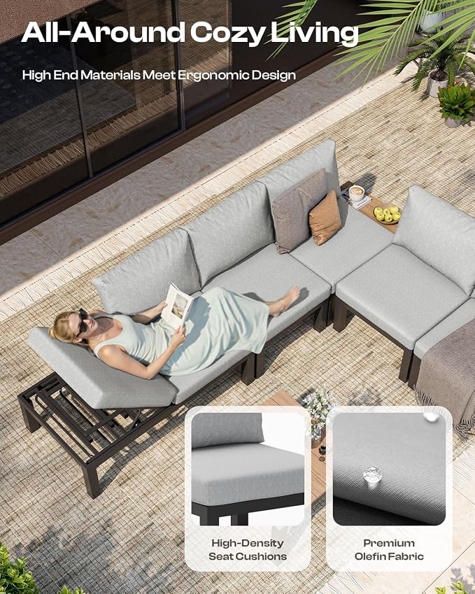 Aluminum Modular Outdoor Patio Furniture Set, 6 Seats Sectional Sofa Set with Adjustable Backrest & Thick Cushions, All-Weather L-Shaped Corner Set with Table for Garden & Yard, Gray