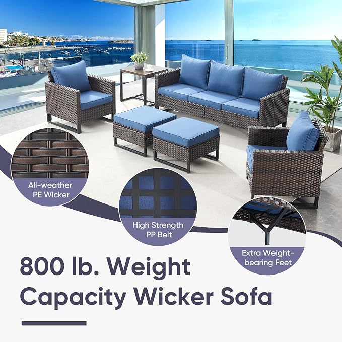 Belord Patio Furniture Set with Fire Pit Table: 9 Pieces Wicker Oversize Patio Conversation Set with Outdoor Swivel Glider Rocker Rattan Couch Ottomans, Anti-Rust Frame, Removable Cushion Blue