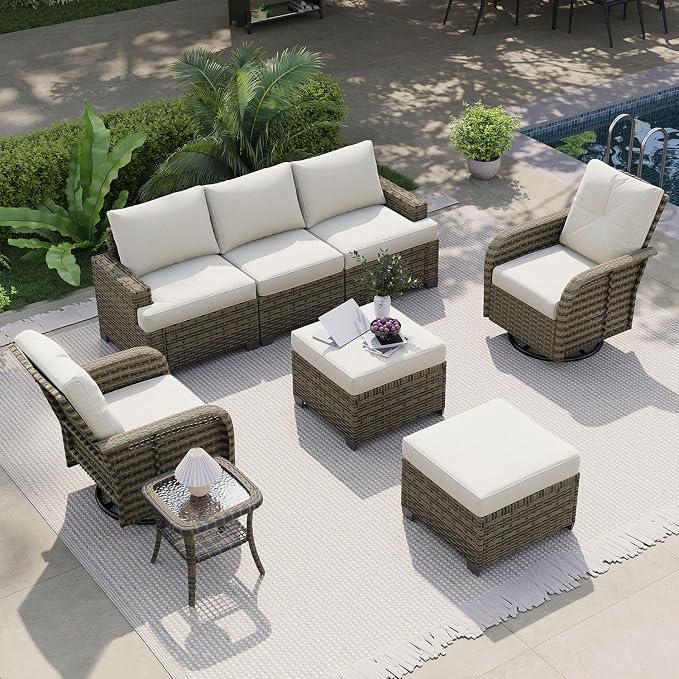 LazySunsets Luxury Patio Furniture Set，All-Weather Patio Sectional Sofas with Thickened Cushions, 8 Piece Outdoor Furniture Sectional Set with Swivel Rocker Chairs of 2，Beige