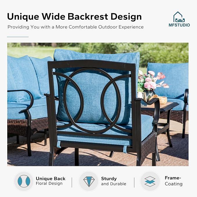MFSTUDIO 5 Pieces Outdoor Patio Furniture Set, Metal Outdoor Conversation Sofa, Rattan Wicker Patio Sectional Sofa Set with 4 x Fixed Single Sofa, 1 x Fire Pit Table, Navy Blue