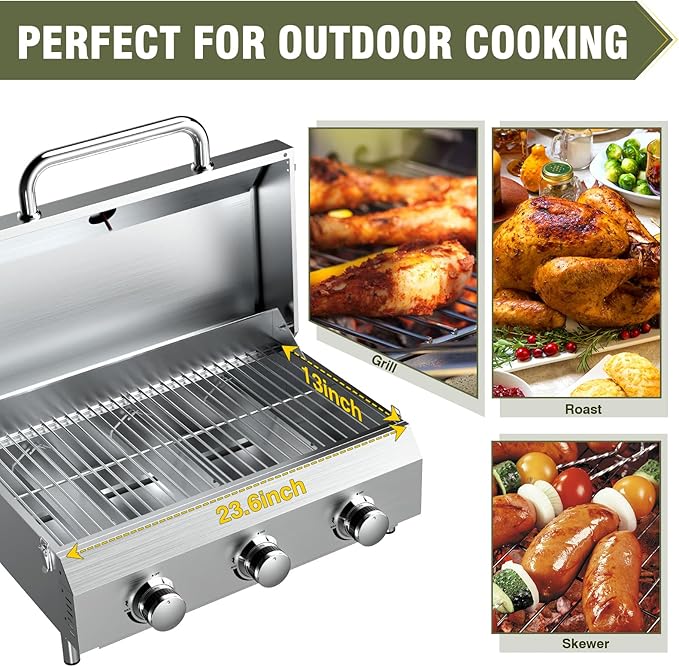 Bestfire 3-Burner Tabletop Gas Grill, 30,000 BTU Portable Propane Grill with Heavy-Duty Thickened Grates & Stainless Steel Knobs, Compact Design&Detachable Legs for Camping, RV, Backyard BBQ