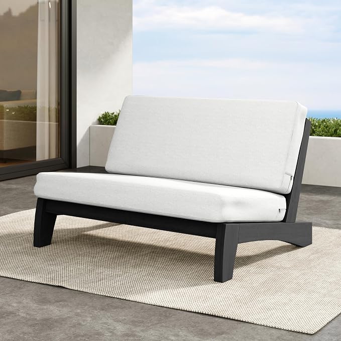 Outdoor Furniture Patio Couch, Weather Resistant Patio Loveseat Sofa Couch with Removable Cushion, Black Wood Frame for Porch & Backyard Seating - Beige