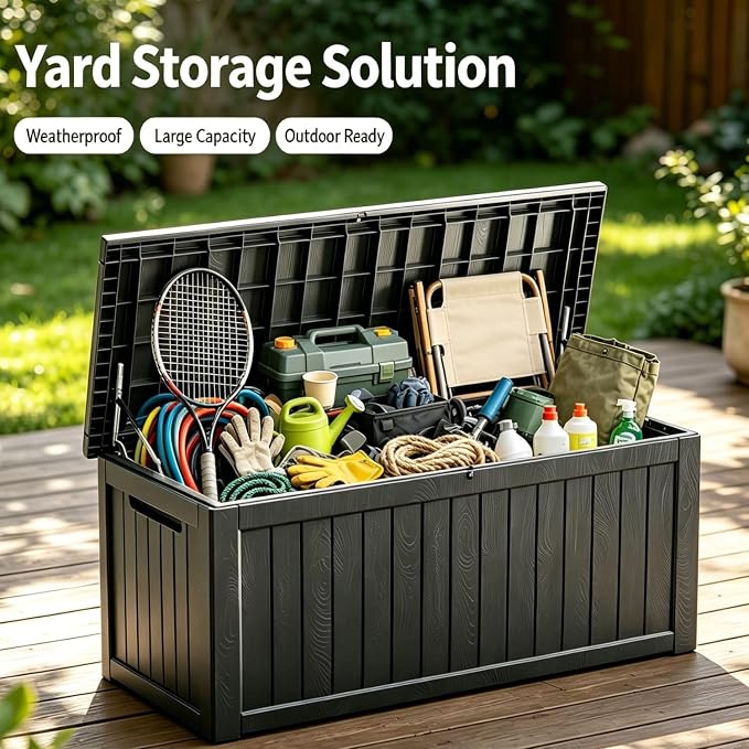 270 Gallon Outdoor Storage Box, Waterproof Resin Deck Container with Lockable Lid, Patio Organizer for Cushions & Garden Tools, Matte Black
