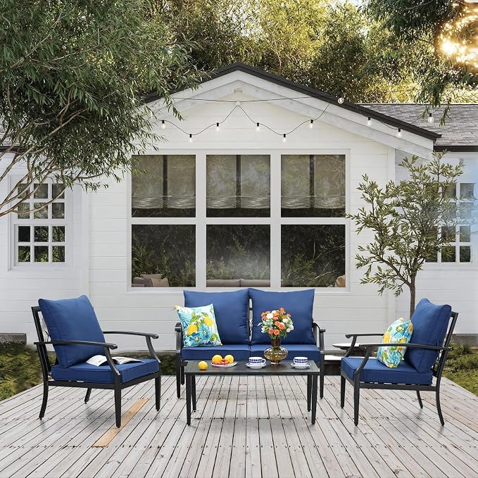 JOYURE 4 Pieces Patio Furniture Set w/loveseat,Coffe Table,Outdoor Conversation Metal Sofa with High Back and Thick Cushion,for Backyard,Garden,Navy