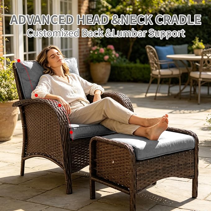 SHGJ&SOFT All Weather Patio Furniture Set, High Back Swivel Rocker Glider Chairs，Ottomans & Glass Tables, Outdoor Conversation Set for Deck Porch Yard Poolside (Grey, 4PCS-Chairs&Ottomans)