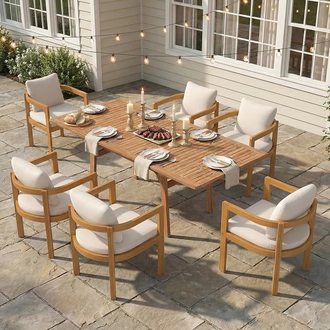 SUNSITT 7-Piece Outdoor Patio Dining Set, 55" - 71" Acacia Wood Expandable Outdoor Table Set with Umbrella Hole, 6 Curved Patio Arm Chairs w/Removable Cushions for Backyard, Porch, Deck