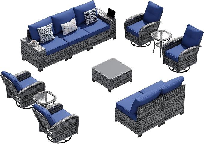 LazySunsets 12 PCS Patio Furniture Set, Outdoor Sectional All-Weather Wicker Conversation Set with Swivel Rocker Chairs, 4'' Thick Cushions for Backyard Poolside(Navy/Grey)