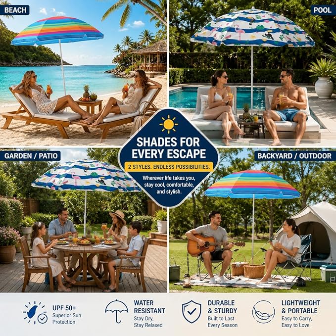 PMU 6 Pcs Set Beach Umbrella 72in Open – Tropical Flamingo Print & Rainbow Stripe, 160G Polyester Large Outdoor Patio Pool Parasol Umbrella for Garden, Deck, Backyard & Pool