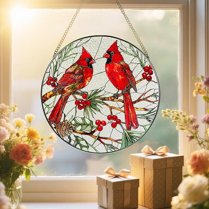 Cardinal Stained Glass Window Hanging, 8 Inch Sun Catchers Indoor Window, Suncatchers for Windows Hanging, Home Decor and Christmas, Festival, Mother's Day, Birthday, Cardinal Gifts for Women, Men