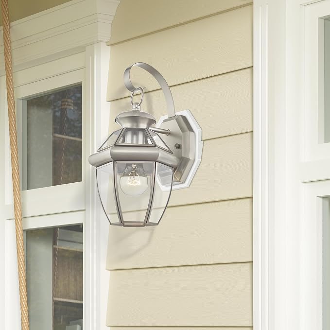 Livex Lighting 2051-91 Monterey 1 Light Outdoor Brushed Nickel Finish Solid Brass Wall Lantern with Clear Beveled Glass | Clear Beveled Glass; Solid brass construction
