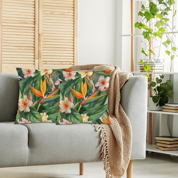 Swono Tropical Flowers Set of 2 Decorative Throw Pillow Covers Cushion Case, Exotic Bird of Paradise Floral Pillowcase Cozy Pillow Cover for Couch Sofa Bed Garden Chair Car 18 X 18 Inch