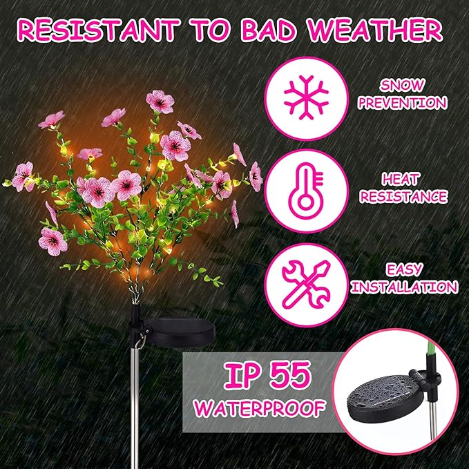 Glooglitter 2 Pack Pink Solar Stake Lights Outdoor Decor Waterproof Mums Artificial Flowers Solar Lights for Outdoor Garden Yard Pathway Decor (Violet)