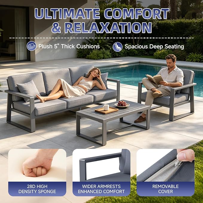 Premium Aluminum Patio Furniture Set 4 Piece,Outdoor Conversation Set with Wide Armrest,5" Thick Cushions, Olefin Fabric,Rustproof Metal Frame,Deep Seating Patio Sofa Set for Backyard,Deck,villa,Gray