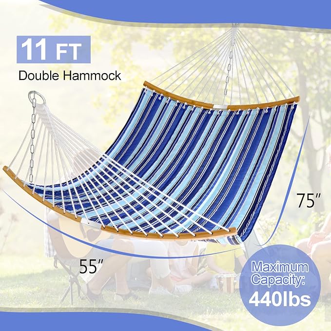 Double Hammock with Bamboo Wood Spreader Bars and Detachable Pillow, 2 Person 11 FT Portable Hammocks Bed Quilted Fabric Hammock for Yard Garden Balcony Indoor Outdoor, 440 Pound Capacity, Blue Stripe