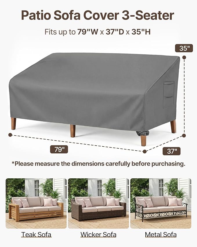 Vailge Heavy Duty Patio Sofa Cover, 100% Waterproof 3-Seater Outdoor Sofa Cover,Lawn Patio Furniture Covers with Air Vent and Handle,79" Wx 37" Dx 35" H,Grey