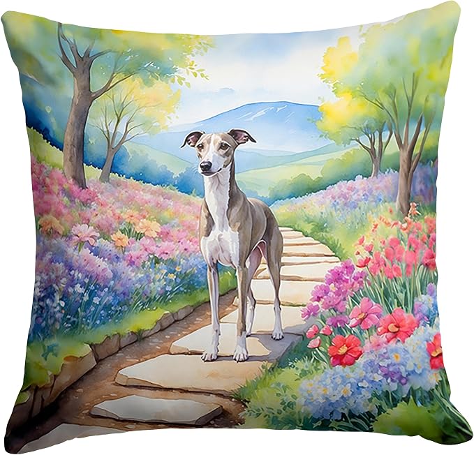 Caroline's Treasures Whippet Spring Path Throw Pillow Machine Washable, Indoor Outdoor Decorative Pillow for Couch, Bed or Patio, 18Hx18W